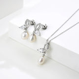 Crystal Women's Drop Earrings Pendant Necklace 925 Sterling Silver Butterfly Bow Tie Freshwater Pearl Earrings Necklace