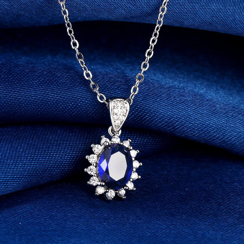 Luxury Style Women's Necklace with Micro Inlaid Sapphire Pendant Brilliant Zircon Trendy Collarbone Chain for Engagement Parties
