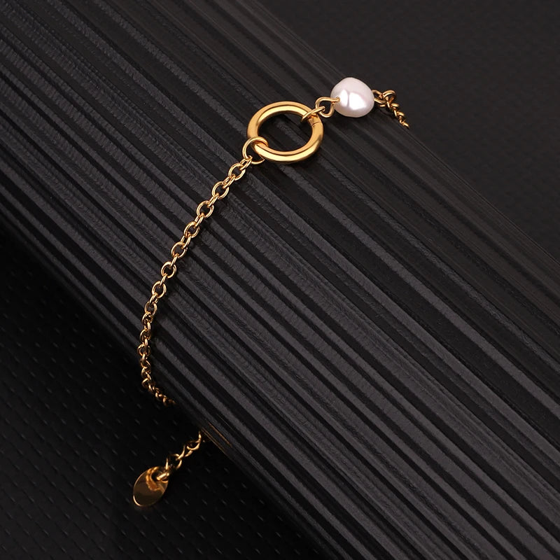 18K Gold Plated Stainless Steel Link Chain Nature Freshwater Pearl Pendant Bracelet Jewelry Bracelet Women