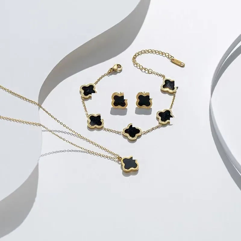 Wholesale 18K Gold Plated 15MM Four-leaf Clover Stainless Steel Jewelry Set Fashion Lucky Clover Bracelet