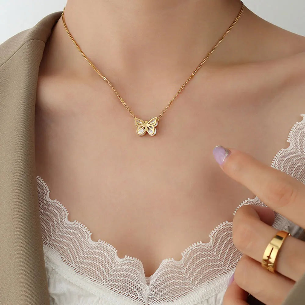 Right Grand New Fashion Female CZ Zircon Stainless Steel Jewelry 18k Gold Plated Butterfly Necklace