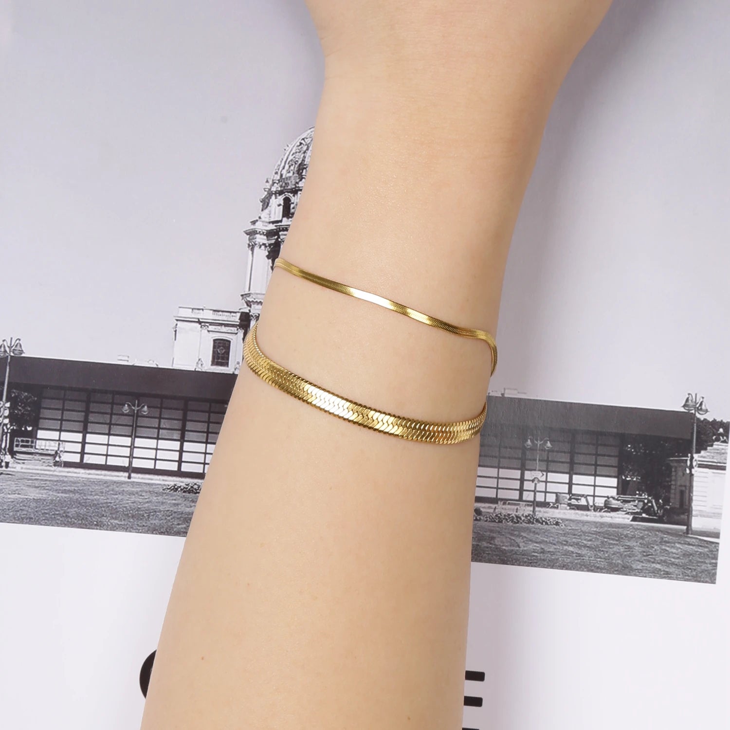 Trendy Stainless Steel Snake Bone Chain Necklace and Herringbone Bracelet Gold Flat Chain with Geometric Pattern for Women Men