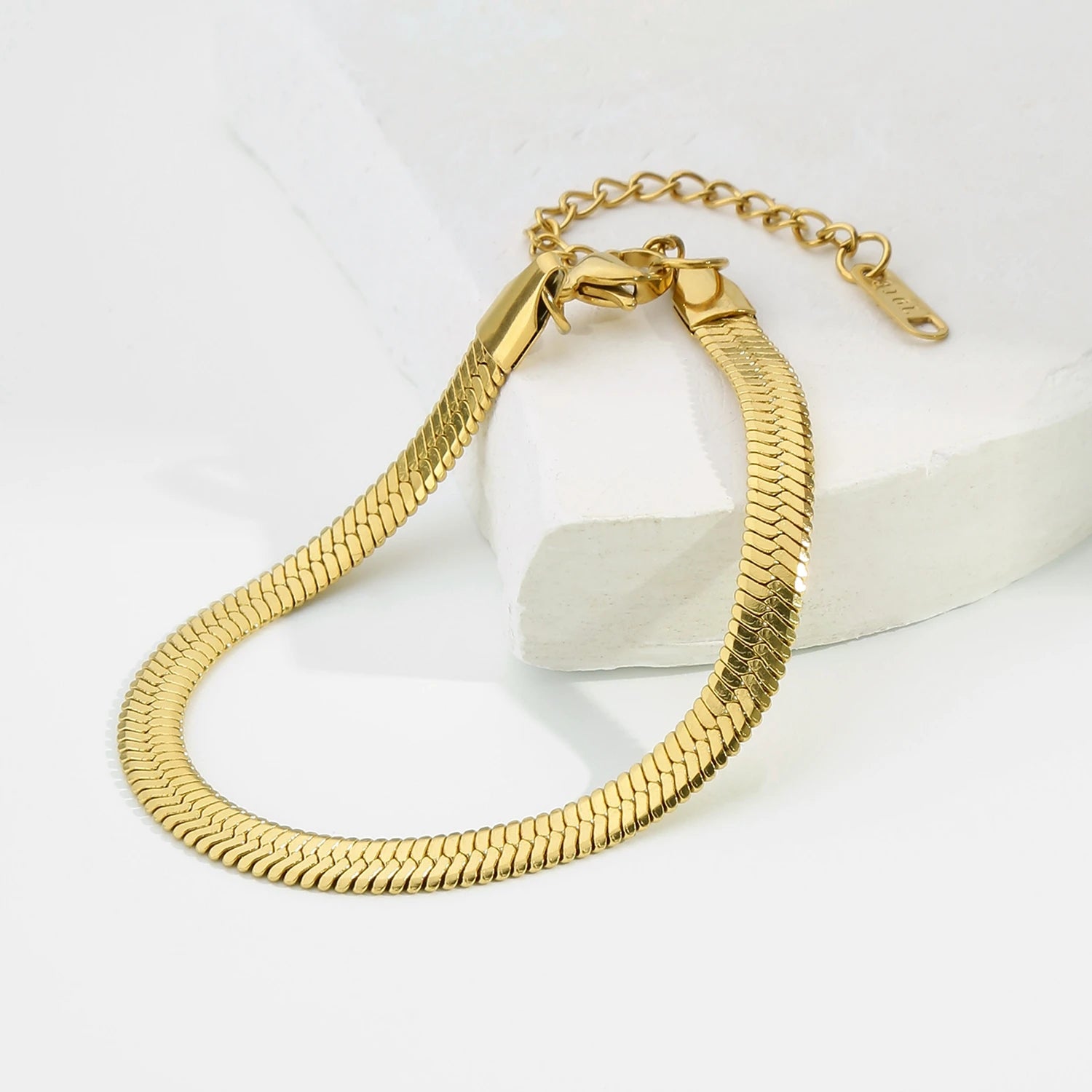 Trendy Stainless Steel Snake Bone Chain Necklace and Herringbone Bracelet Gold Flat Chain with Geometric Pattern for Women Men
