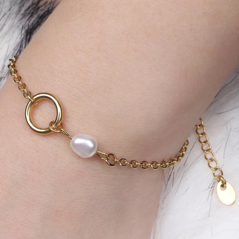 18K Gold Plated Stainless Steel Link Chain Nature Freshwater Pearl Pendant Bracelet Jewelry Bracelet Women