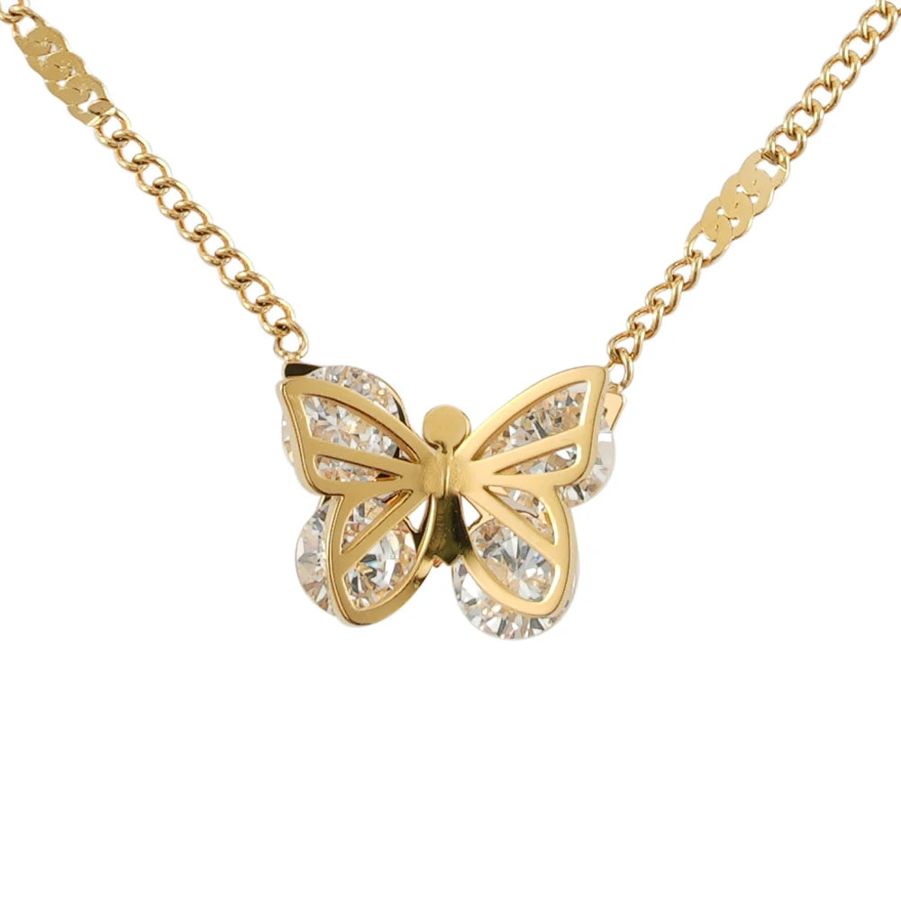 Right Grand New Fashion Female CZ Zircon Stainless Steel Jewelry 18k Gold Plated Butterfly Necklace