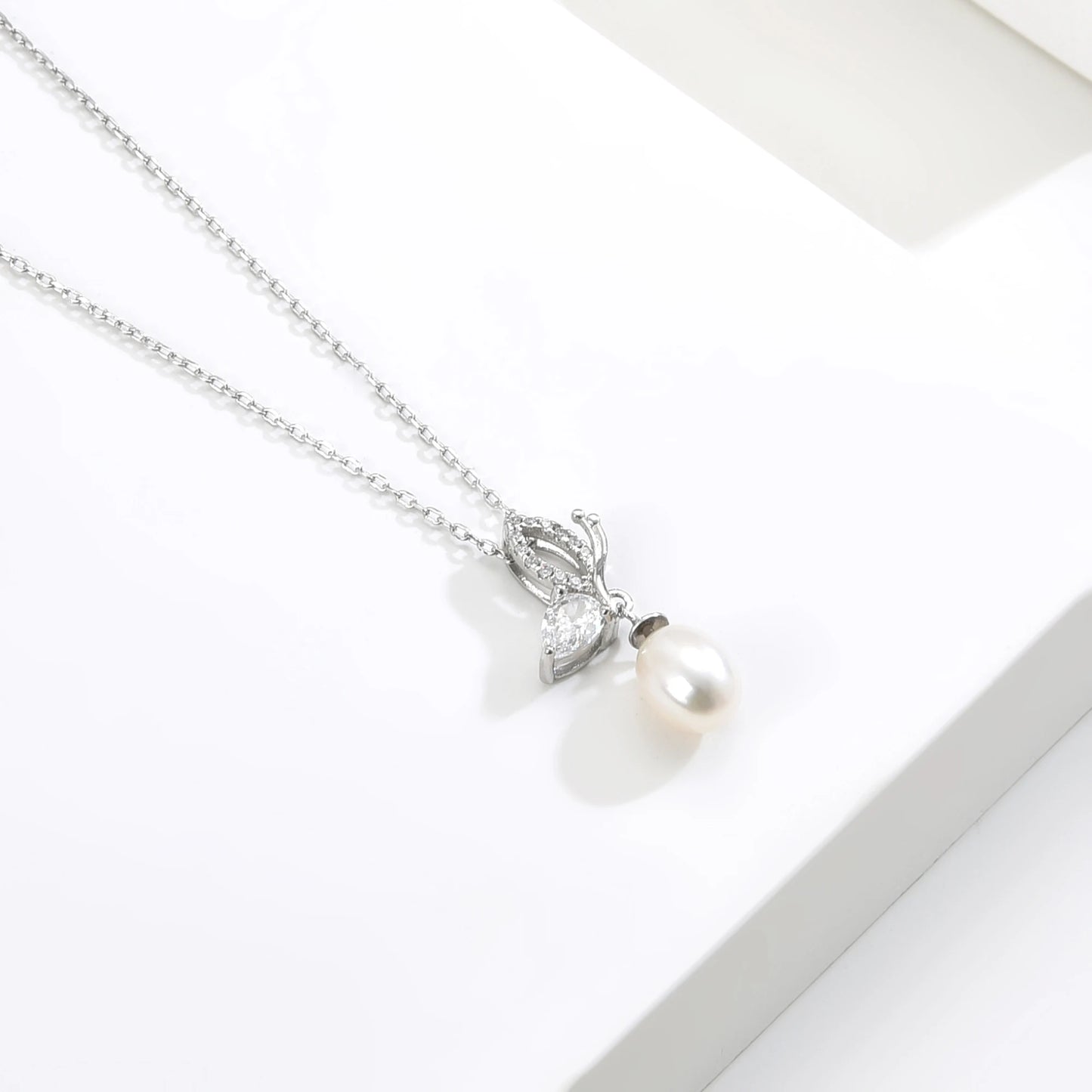 Crystal Women's Drop Earrings Pendant Necklace 925 Sterling Silver Butterfly Bow Tie Freshwater Pearl Earrings Necklace