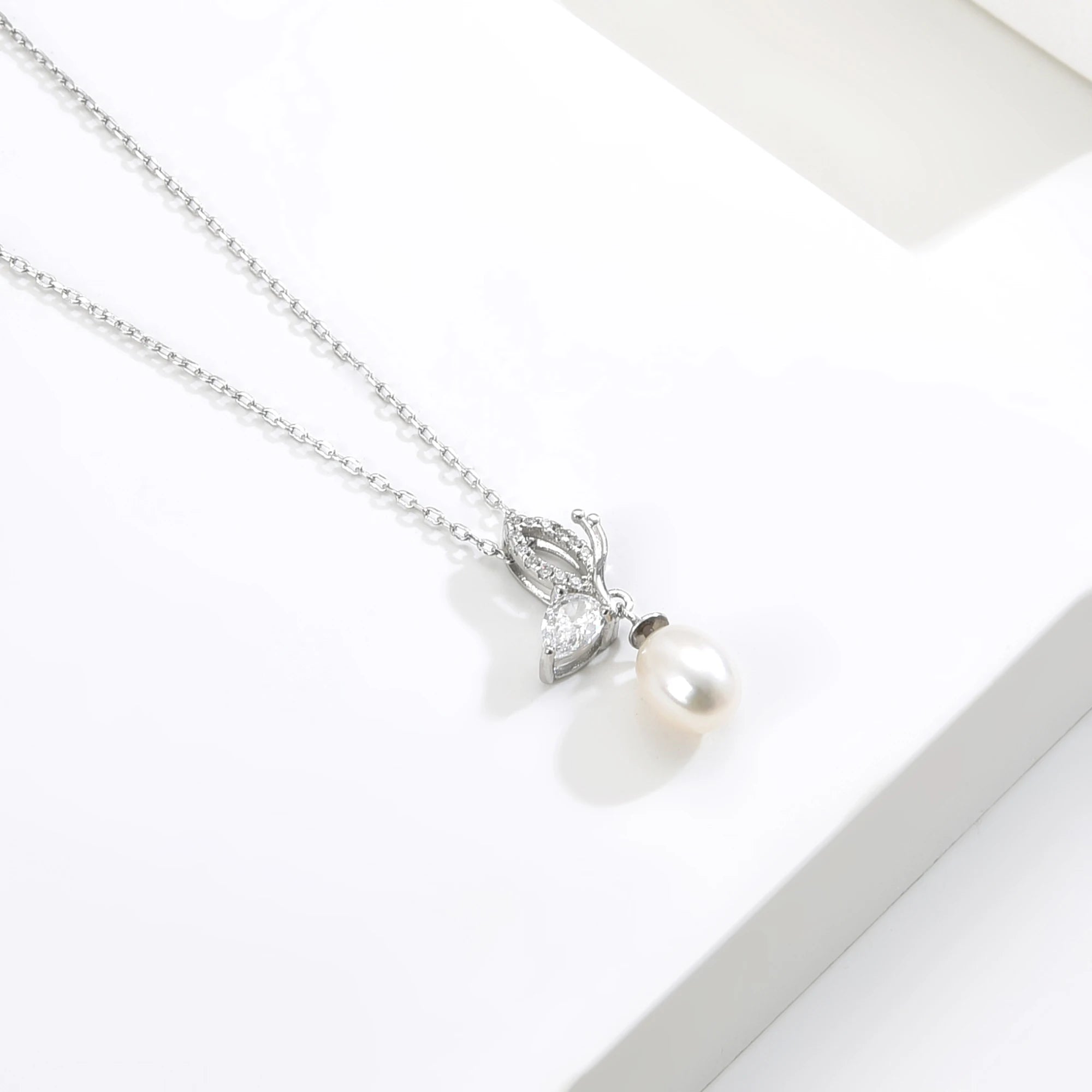 Crystal Women's Drop Earrings Pendant Necklace 925 Sterling Silver Butterfly Bow Tie Freshwater Pearl Earrings Necklace
