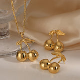 CLIORO Wholesale 316L Gold Plated Stainless Steel Necklace Earrings Jewelry Sets Cute Cherry Pendant Jewelry For Women