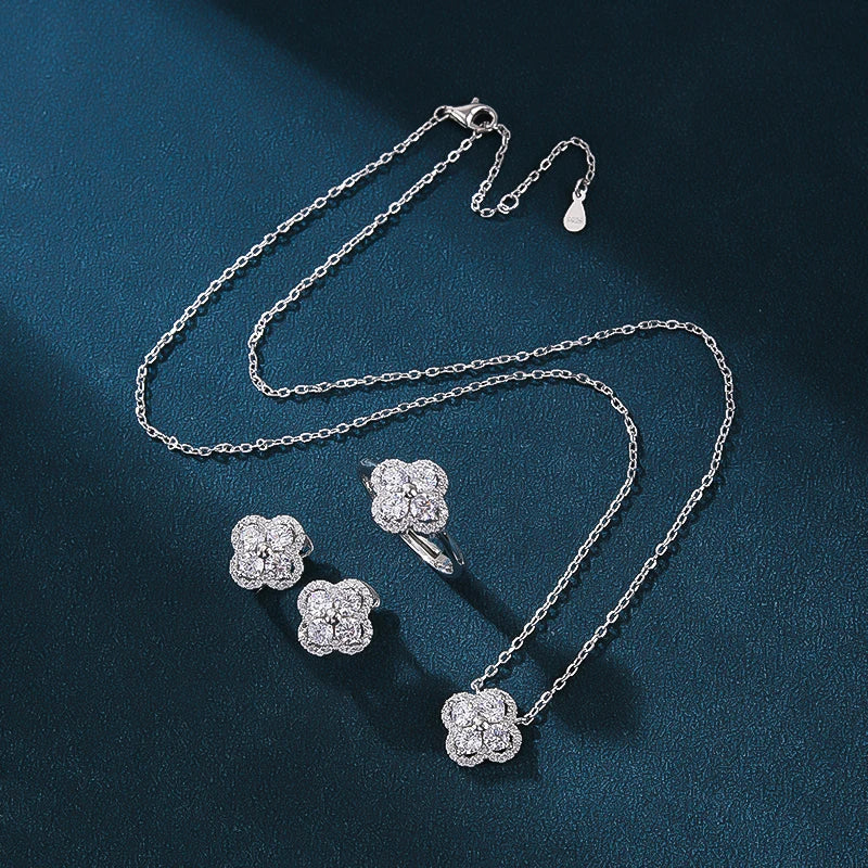 Exquisite Diamond Ring Necklace Earring Set with Collarbone Chain and Clover Inlaid Zircon for Parties Gifts Engagements