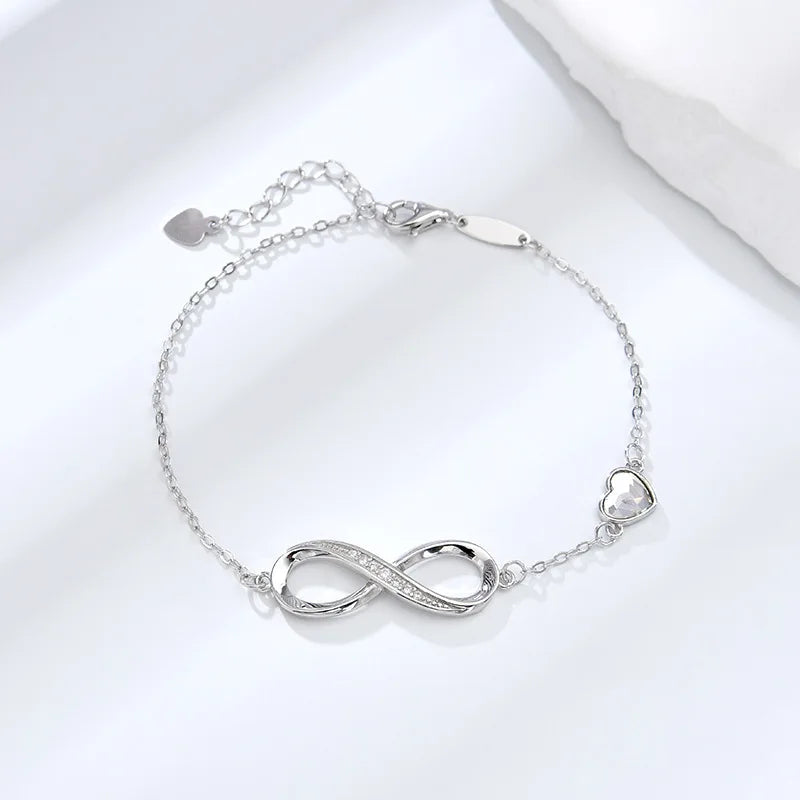 S925  Silver Heart Shaped Crystal Infinity Bracelet for Girls 925 Silver Figure Eight Infinity Bracelets for Valentine's Day