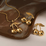 CLIORO Wholesale 316L Gold Plated Stainless Steel Necklace Earrings Jewelry Sets Cute Cherry Pendant Jewelry For Women