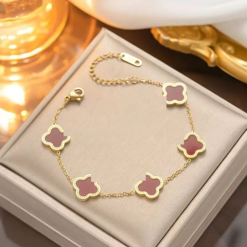 Wholesale 18K Gold Plated 15MM Four-leaf Clover Stainless Steel Jewelry Set Fashion Lucky Clover Bracelet