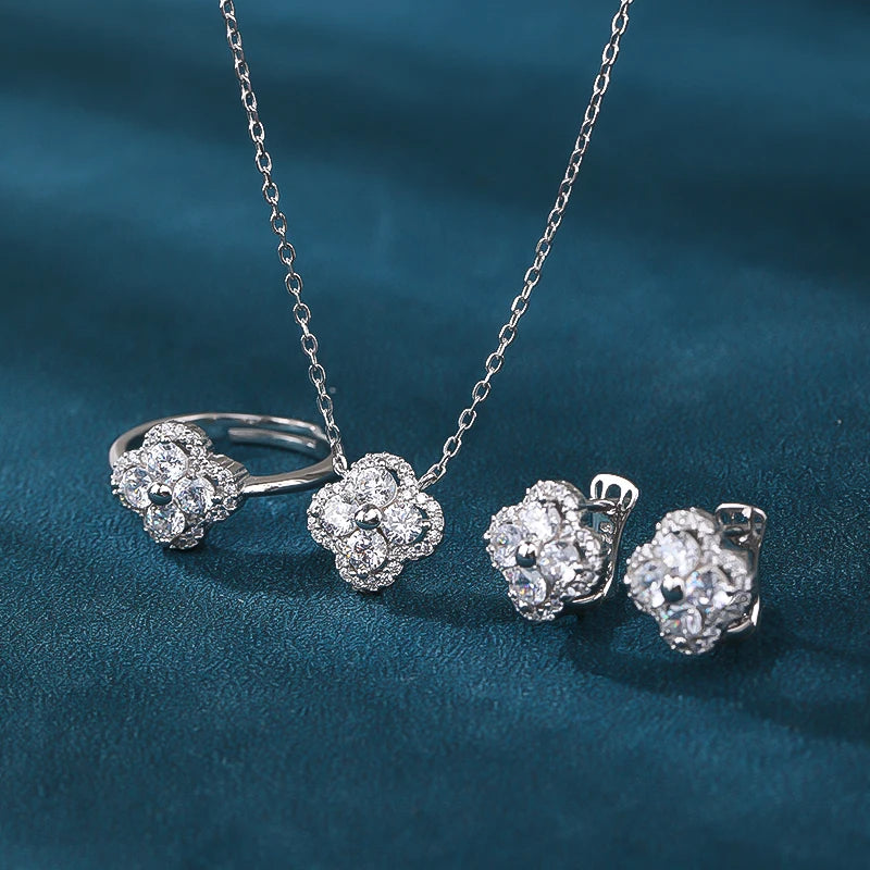Exquisite Diamond Ring Necklace Earring Set with Collarbone Chain and Clover Inlaid Zircon for Parties Gifts Engagements