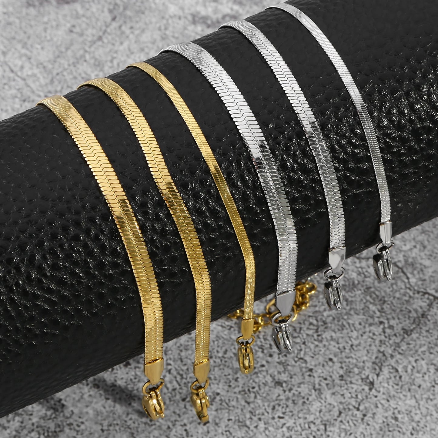 Trendy Stainless Steel Snake Bone Chain Necklace and Herringbone Bracelet Gold Flat Chain with Geometric Pattern for Women Men