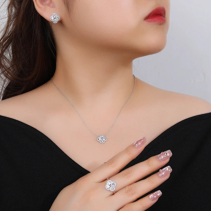 Exquisite Diamond Ring Necklace Earring Set with Collarbone Chain and Clover Inlaid Zircon for Parties Gifts Engagements