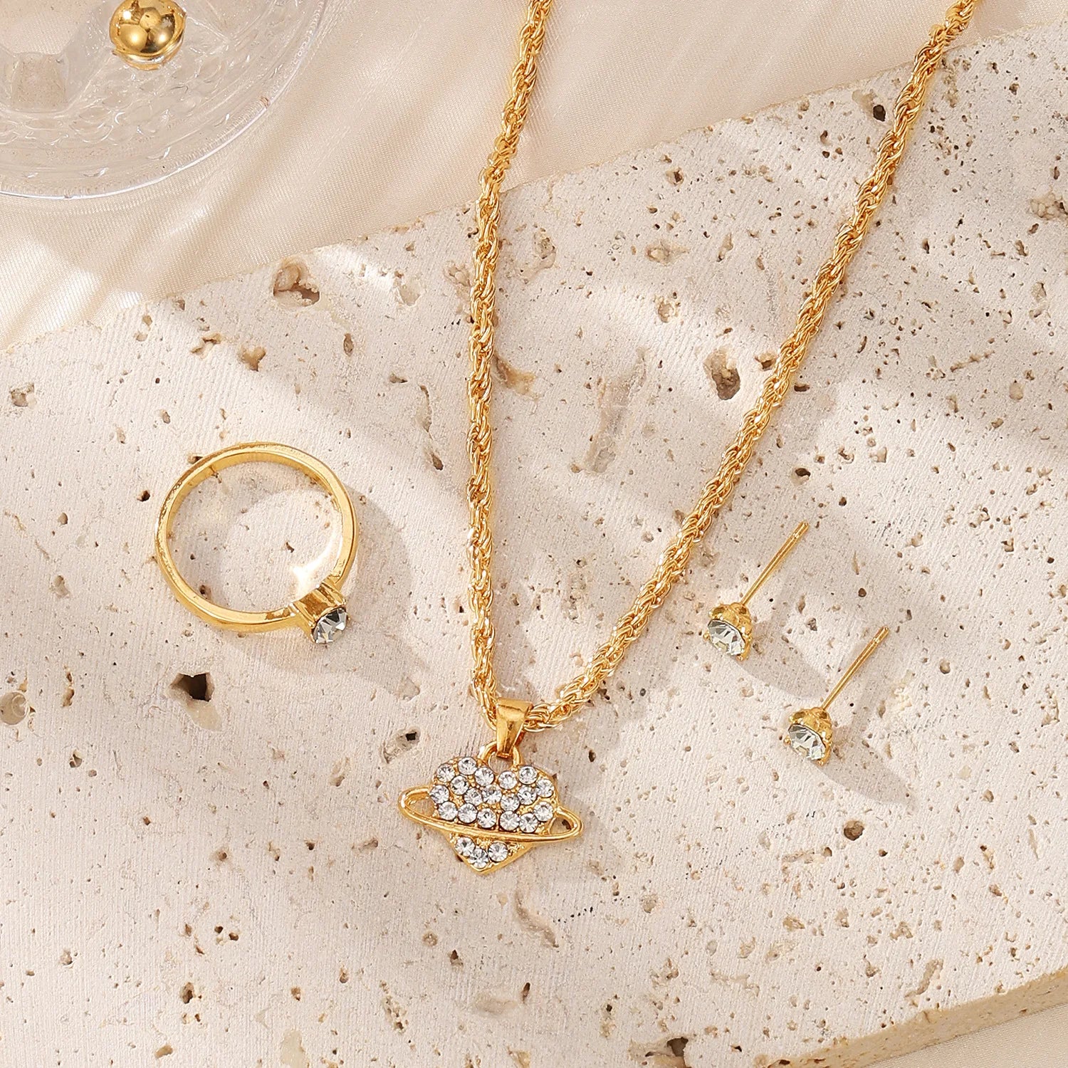 Luxury Golden Braided Knot Jewelry Set Necklace Earrings Ring Elegant Fashion Accessories for Women