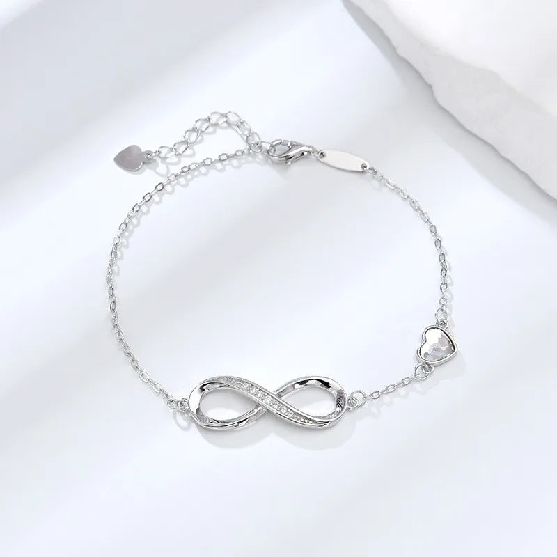 S925  Silver Heart Shaped Crystal Infinity Bracelet for Girls 925 Silver Figure Eight Infinity Bracelets for Valentine's Day