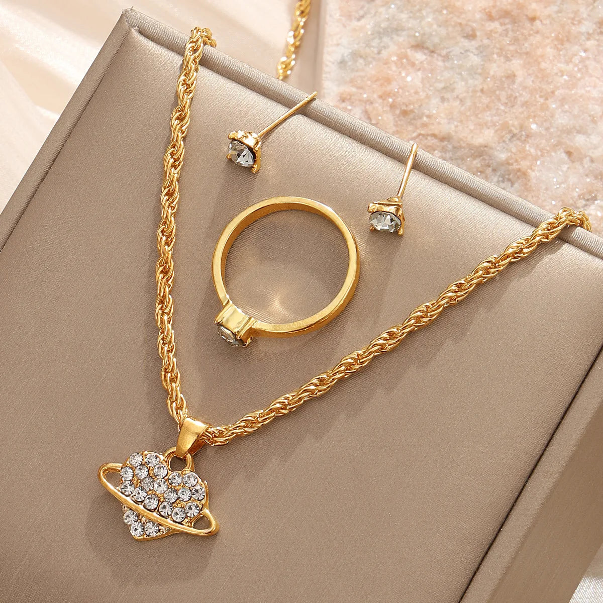 Luxury Golden Braided Knot Jewelry Set Necklace Earrings Ring Elegant Fashion Accessories for Women