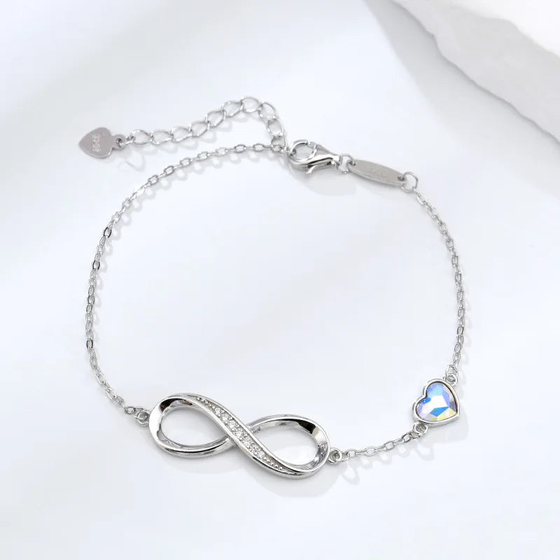S925  Silver Heart Shaped Crystal Infinity Bracelet for Girls 925 Silver Figure Eight Infinity Bracelets for Valentine's Day