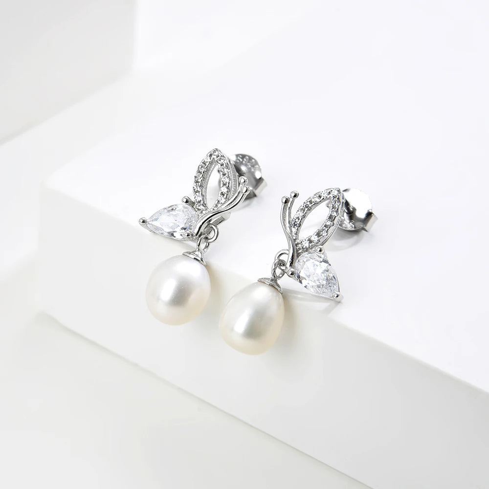 Crystal Women's Drop Earrings Pendant Necklace 925 Sterling Silver Butterfly Bow Tie Freshwater Pearl Earrings Necklace