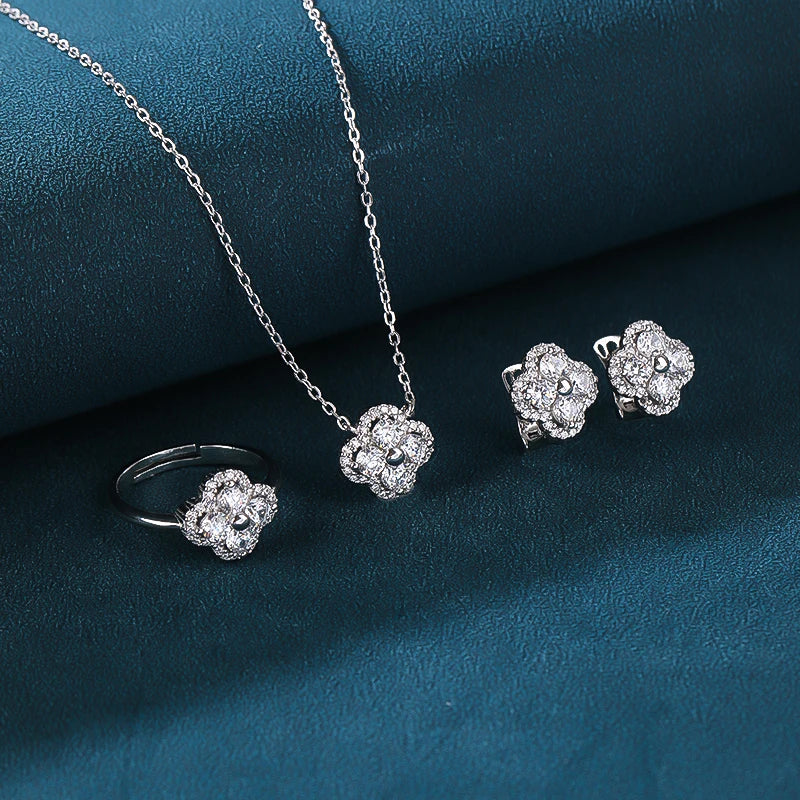 Exquisite Diamond Ring Necklace Earring Set with Collarbone Chain and Clover Inlaid Zircon for Parties Gifts Engagements