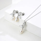 Crystal Women's Drop Earrings Pendant Necklace 925 Sterling Silver Butterfly Bow Tie Freshwater Pearl Earrings Necklace