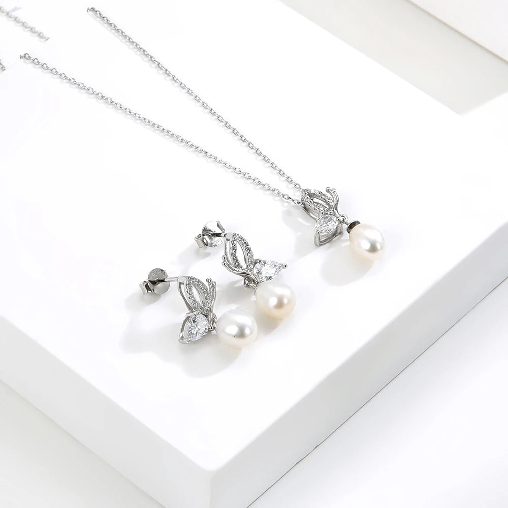 Crystal Women's Drop Earrings Pendant Necklace 925 Sterling Silver Butterfly Bow Tie Freshwater Pearl Earrings Necklace