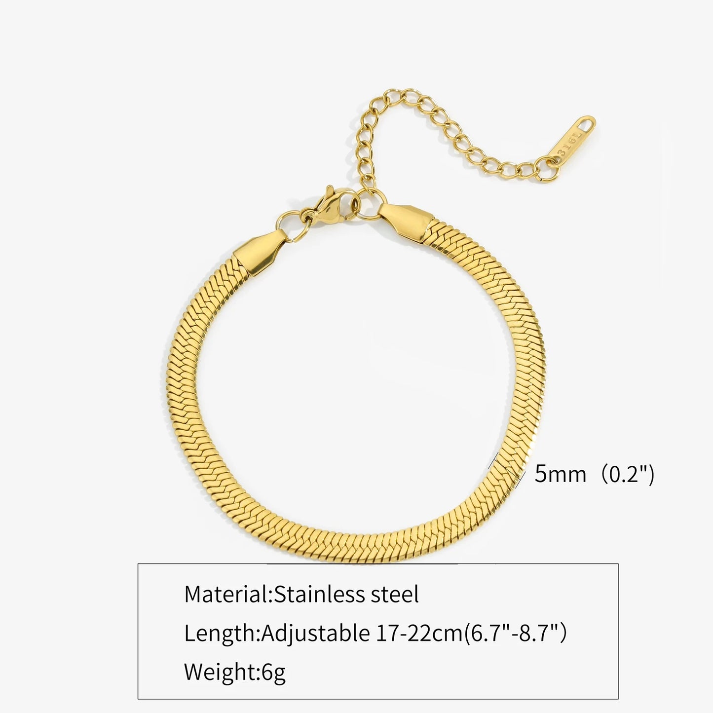 Trendy Stainless Steel Snake Bone Chain Necklace and Herringbone Bracelet Gold Flat Chain with Geometric Pattern for Women Men