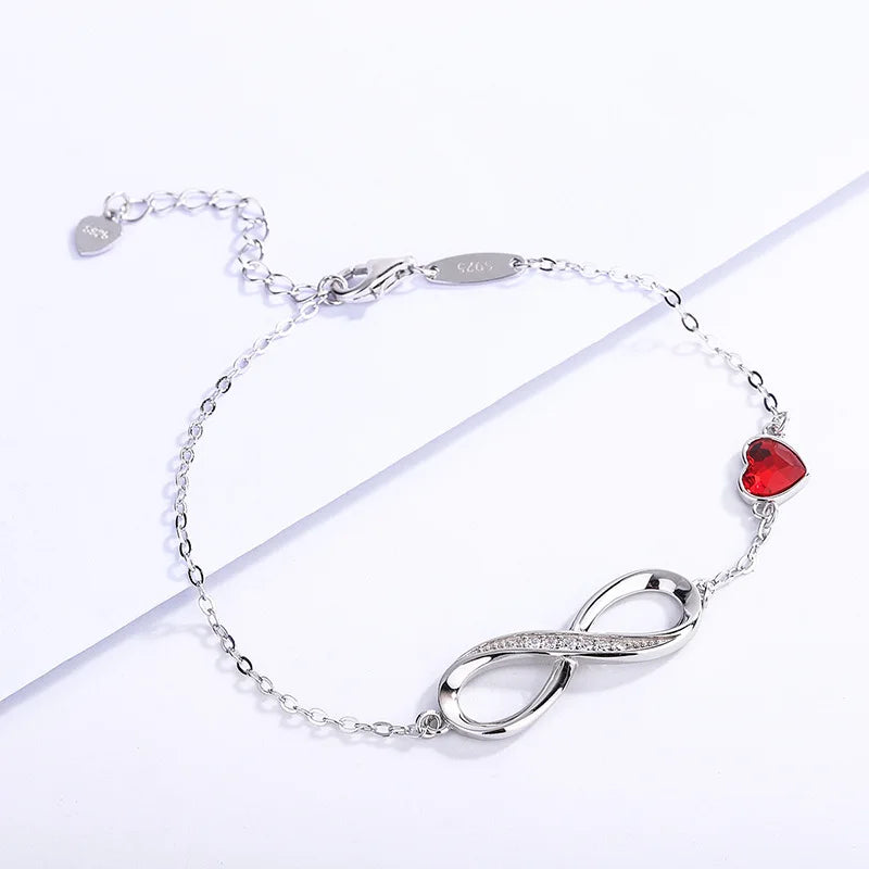 S925  Silver Heart Shaped Crystal Infinity Bracelet for Girls 925 Silver Figure Eight Infinity Bracelets for Valentine's Day