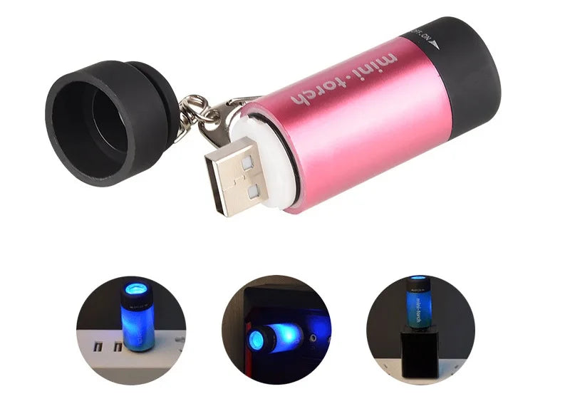 Mini LED Rechargeable USB Flashlight Keychain Metal Torch Key Holder