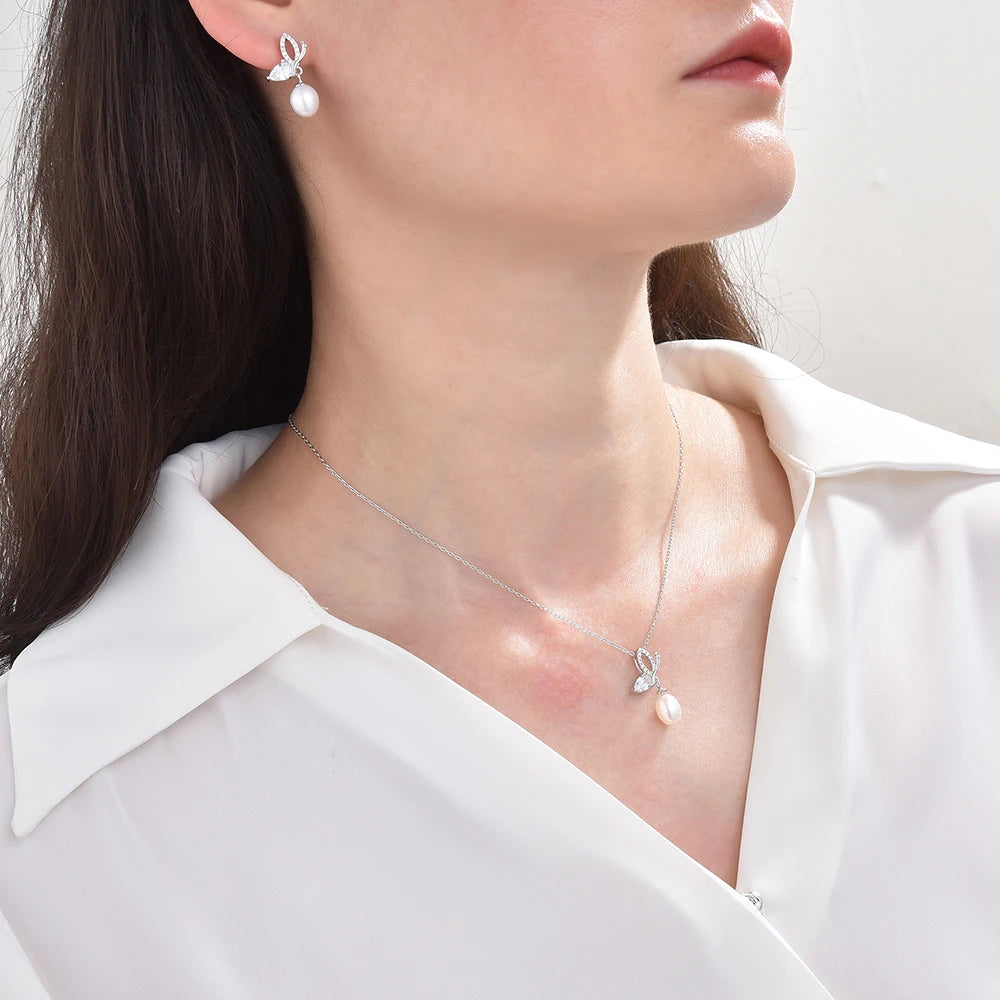 Crystal Women's Drop Earrings Pendant Necklace 925 Sterling Silver Butterfly Bow Tie Freshwater Pearl Earrings Necklace
