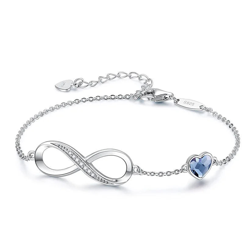 S925  Silver Heart Shaped Crystal Infinity Bracelet for Girls 925 Silver Figure Eight Infinity Bracelets for Valentine's Day