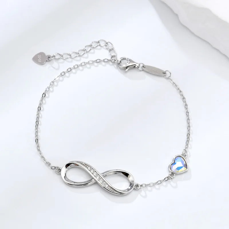 S925  Silver Heart Shaped Crystal Infinity Bracelet for Girls 925 Silver Figure Eight Infinity Bracelets for Valentine's Day