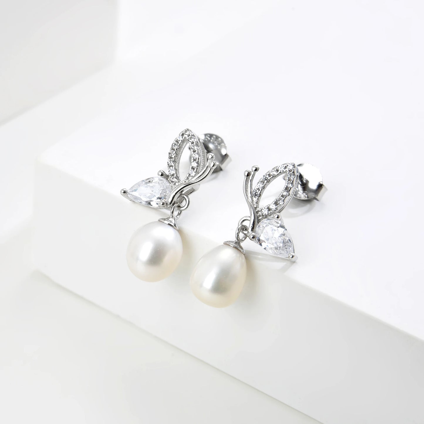 Crystal Women's Drop Earrings Pendant Necklace 925 Sterling Silver Butterfly Bow Tie Freshwater Pearl Earrings Necklace