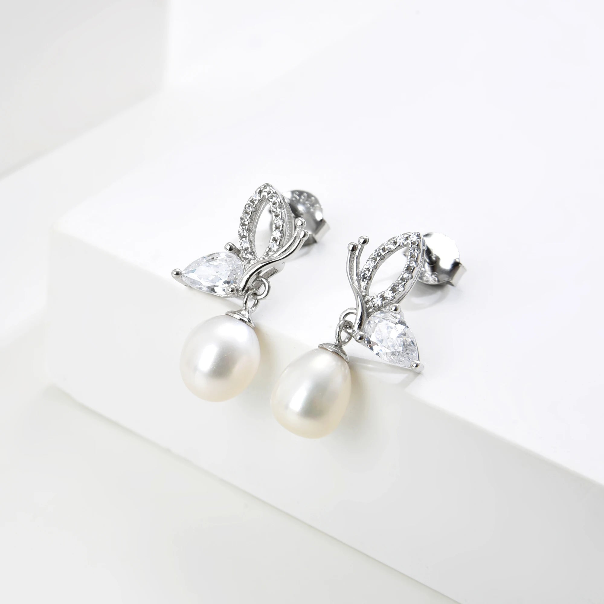 Crystal Women's Drop Earrings Pendant Necklace 925 Sterling Silver Butterfly Bow Tie Freshwater Pearl Earrings Necklace