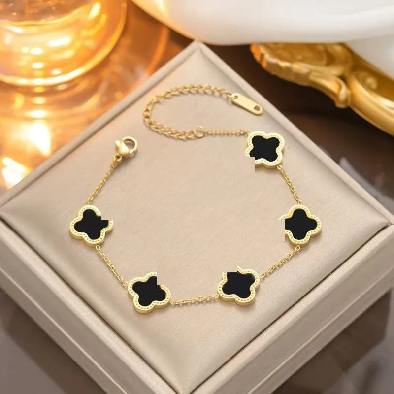 Wholesale 18K Gold Plated 15MM Four-leaf Clover Stainless Steel Jewelry Set Fashion Lucky Clover Bracelet