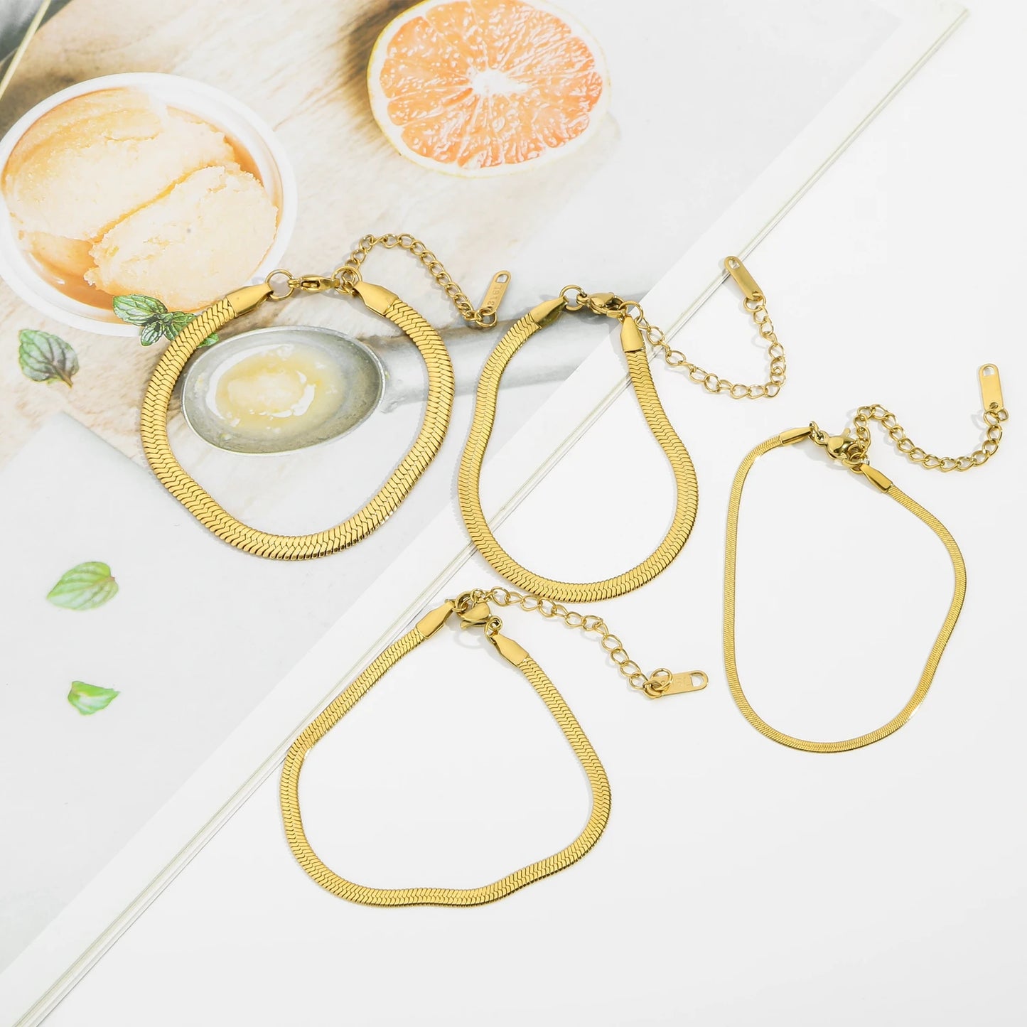 Trendy Stainless Steel Snake Bone Chain Necklace and Herringbone Bracelet Gold Flat Chain with Geometric Pattern for Women Men