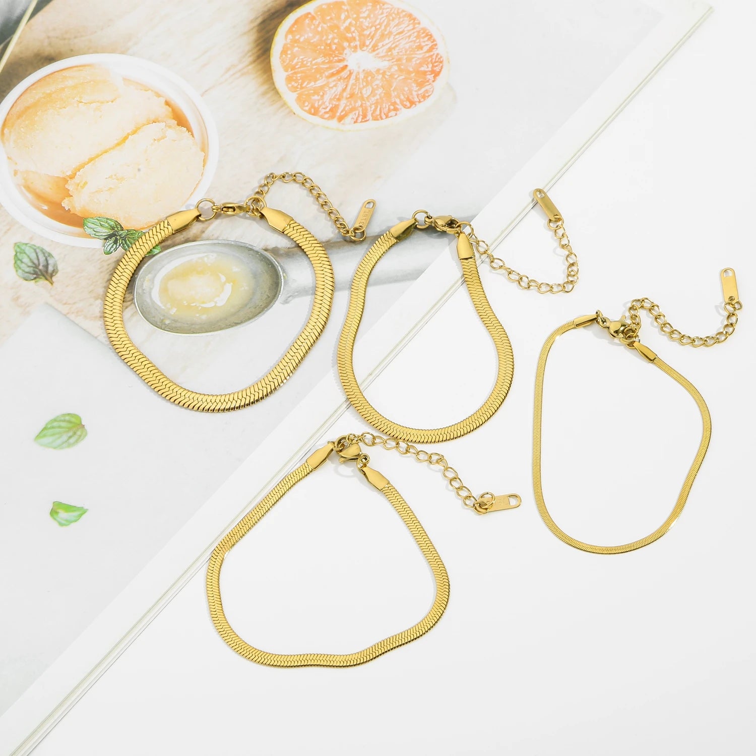 Trendy Stainless Steel Snake Bone Chain Necklace and Herringbone Bracelet Gold Flat Chain with Geometric Pattern for Women Men