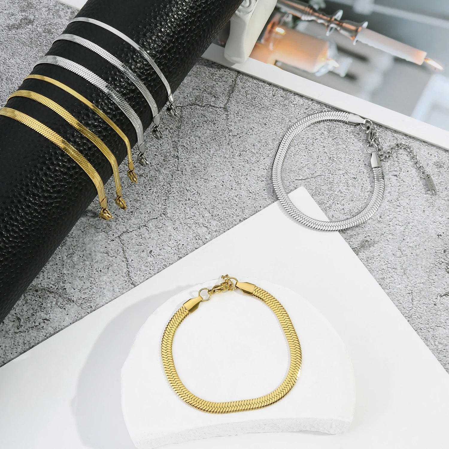 Trendy Stainless Steel Snake Bone Chain Necklace and Herringbone Bracelet Gold Flat Chain with Geometric Pattern for Women Men