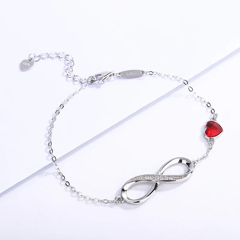S925  Silver Heart Shaped Crystal Infinity Bracelet for Girls 925 Silver Figure Eight Infinity Bracelets for Valentine's Day