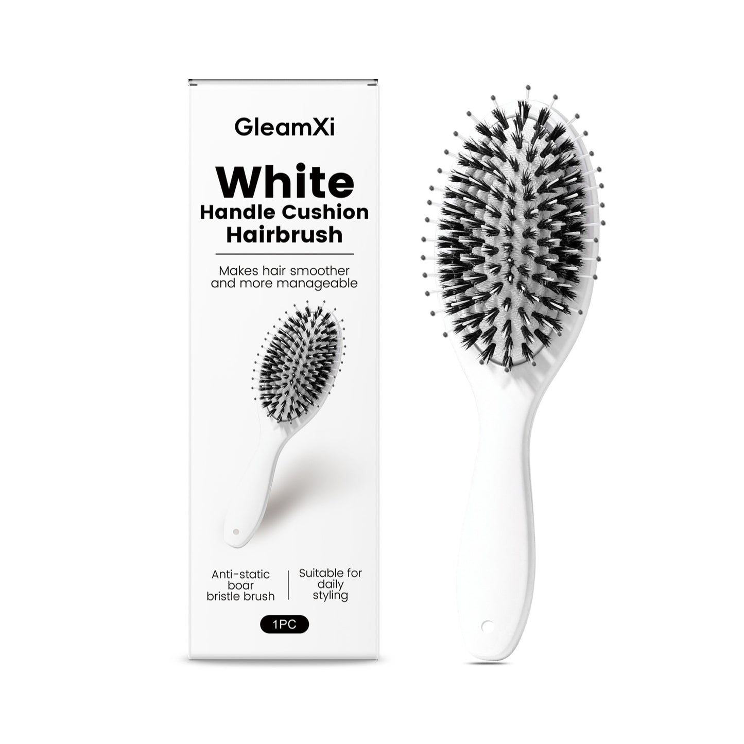 GleamXi White Handle Cushion Hairbrush with Nylon Boar Bristle and Air Cushion for Daily Scalp Massage