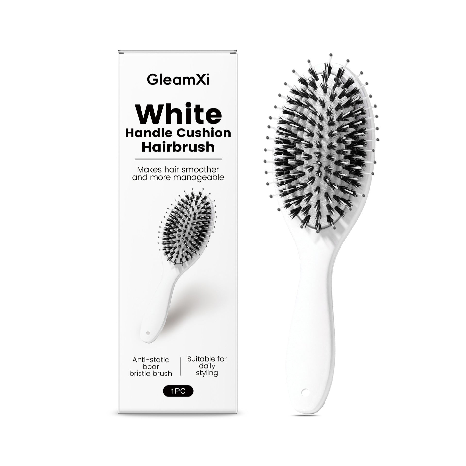 GleamXi White Handle Cushion Hairbrush with Nylon Boar Bristle and Air Cushion for Daily Scalp Massage