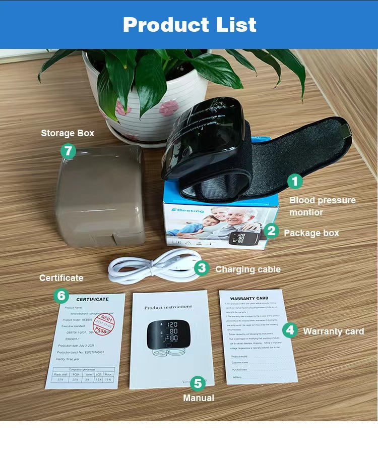 Wrist blood pressure monitor, fully automatic electric intelligent blood pressure measuring device, rechargeable touch screen blood pressure monitor