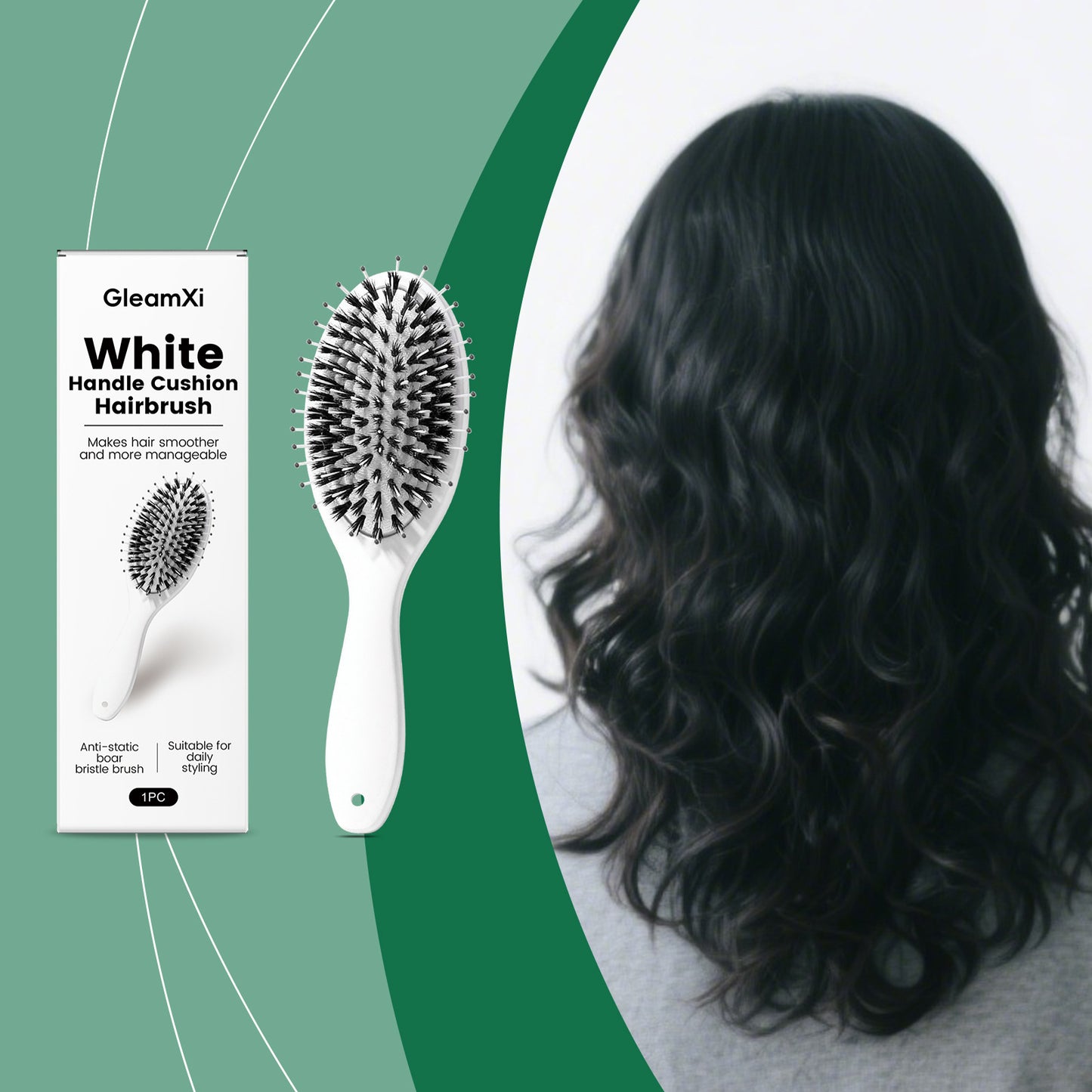 GleamXi White Handle Cushion Hairbrush with Nylon Boar Bristle and Air Cushion for Daily Scalp Massage