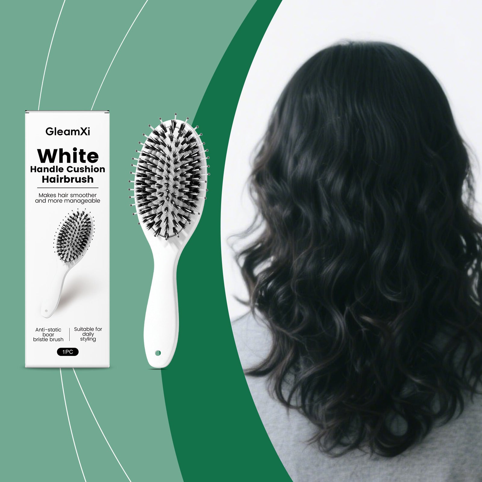 GleamXi White Handle Cushion Hairbrush with Nylon Boar Bristle and Air Cushion for Daily Scalp Massage
