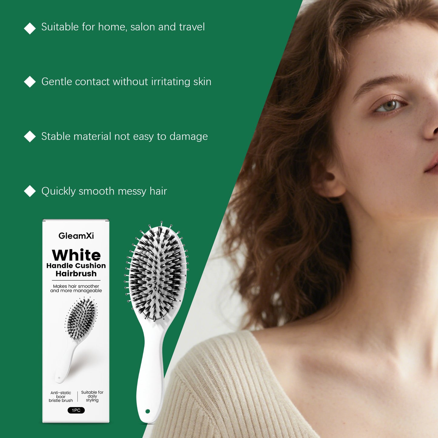 GleamXi White Handle Cushion Hairbrush with Nylon Boar Bristle and Air Cushion for Daily Scalp Massage